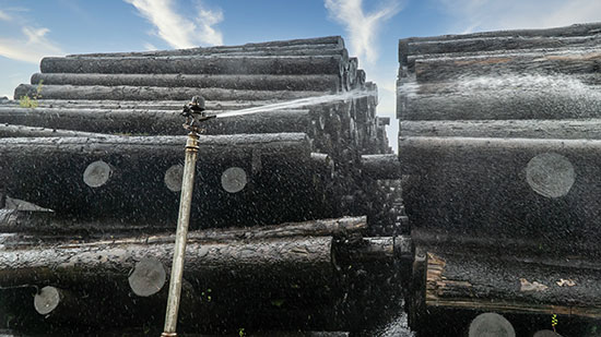 Sprinkler spraying water on stacked logs