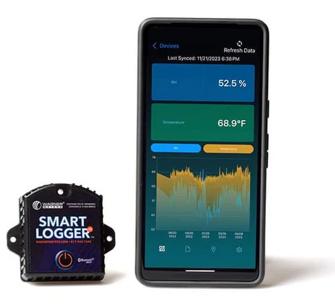 يعرض تطبيق Wagner Sentry على الهاتف الذكي بيانات الرطوبة النسبية ودرجة الحرارة المحيطة من جهاز Smart Logger.