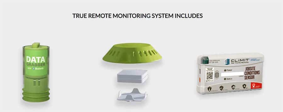 Les composants de la véritable surveillance à distance : un DataGrabber avec Bluetooth, un répéteur de portée sous un dôme de protection et un capteur de conditions de chantier CLiMIT.